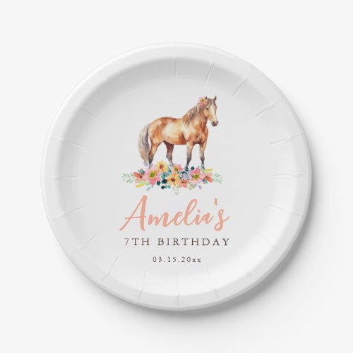 Horse Birthday Party Pink Floral Paper Plate