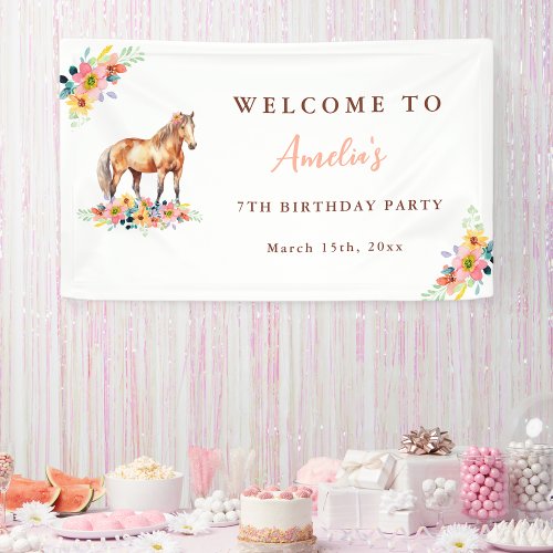 Horse Birthday Party Watercolor Floral Pony Banner