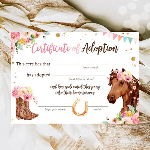 Horse Birthday Pony Adoption Certificate Party Invitation