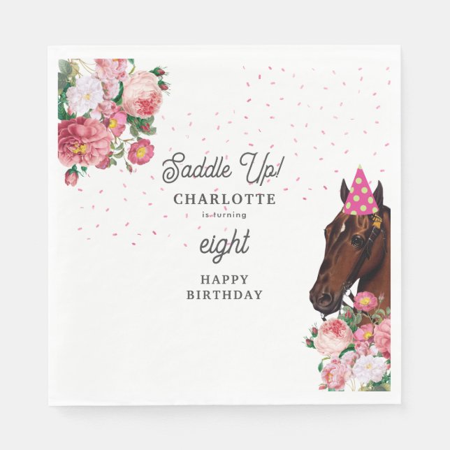 Horse Birthday Theme Pink Floral Girl Cowgirl Napkins (Front)
