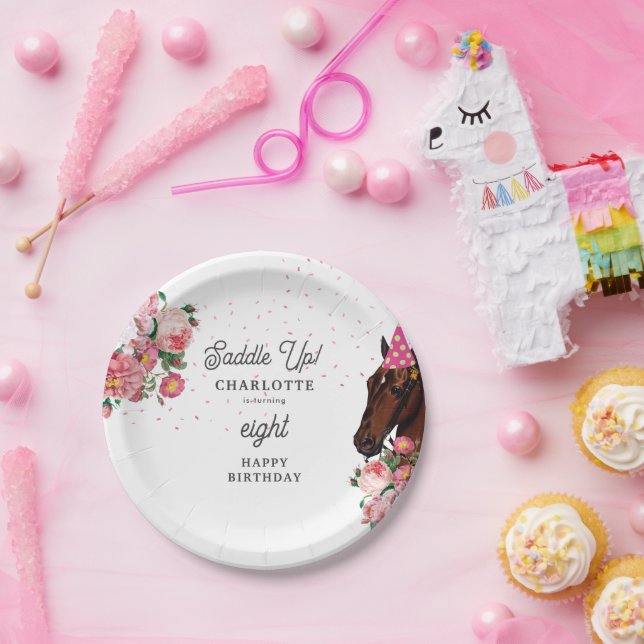 Horse Birthday Theme Pink Floral Girl Cowgirl Paper Plates (Party)
