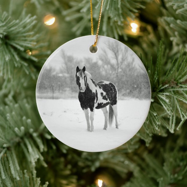 Horse Black and White Snow Photo Ceramic Ornament (Tree)