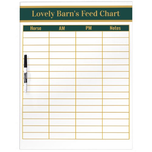 Horse Boarding Barn Feed Chart _ Green  Gold Dry Erase Board