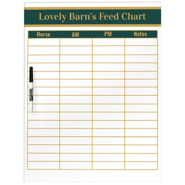Horse Boarding Barn Feed Chart - Green + Gold Dry Erase Board (Front)