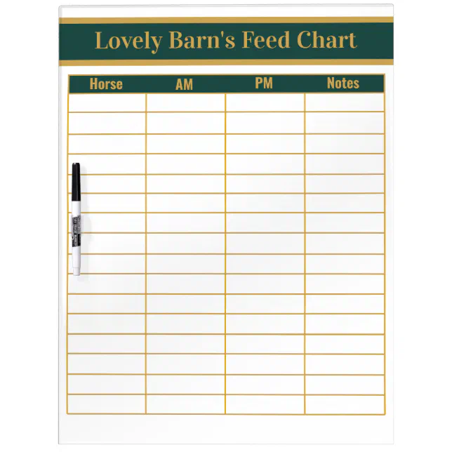 Horse Boarding Barn Feed Chart - Green + Gold Dry Erase Board | Zazzle