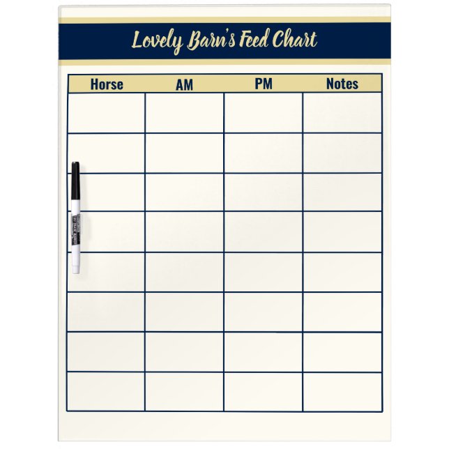 Horse Boarding Barn Feed Chart - Navy + Gold Dry Erase Board (Front)