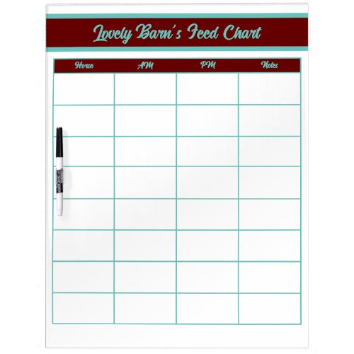 Horse Boarding Barn Feed Chart _ Red  Sea Green Dry Erase Board