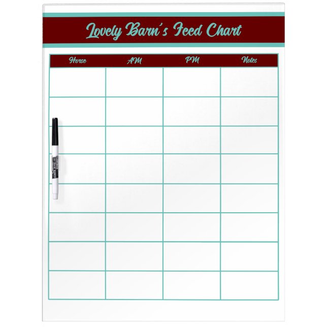 Horse Boarding Barn Feed Chart - Red + Sea Green Dry Erase Board (Front)