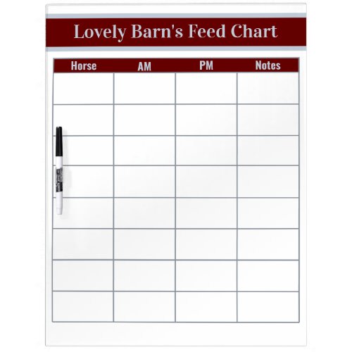 Horse Boarding Barn Feed Chart _ Red  Silver Dry Erase Board