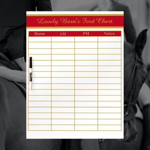 Horse Boarding Barn Feed Chart _ Show Red  Gold Dry Erase Board