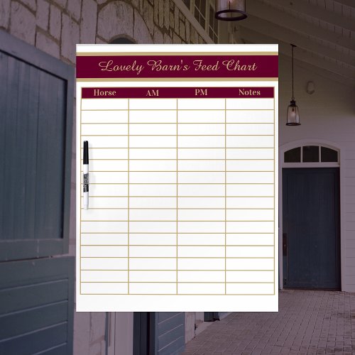 Horse Boarding Barn Feed Chart _ Wine Red  Gold Dry Erase Board