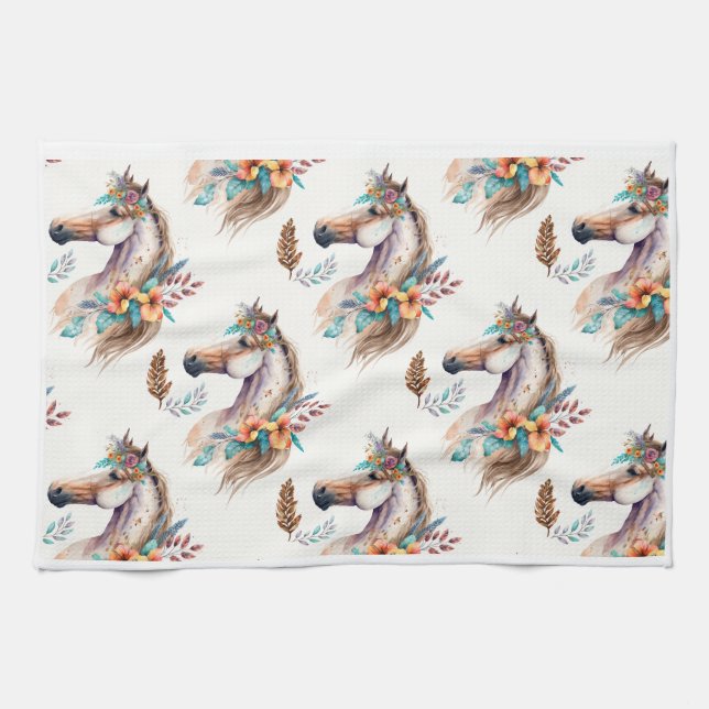 Horse boho floral flower seamless pattern kitchen towel (Horizontal)