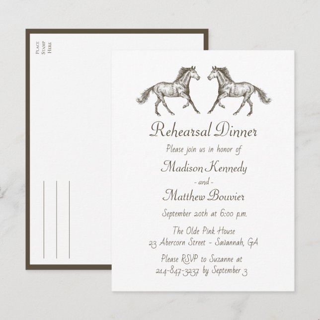Horse Brown Country Western Rehearsal Dinner Invit Postcard (Front/Back)