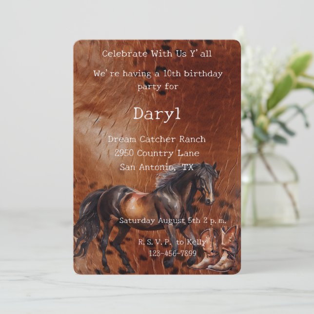 Horse Brown Cowboy Boots Birthday Invitation (Standing Front)