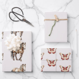 Horse Burgundy Cream Butterflies Birthday Wrapping Paper Sheets