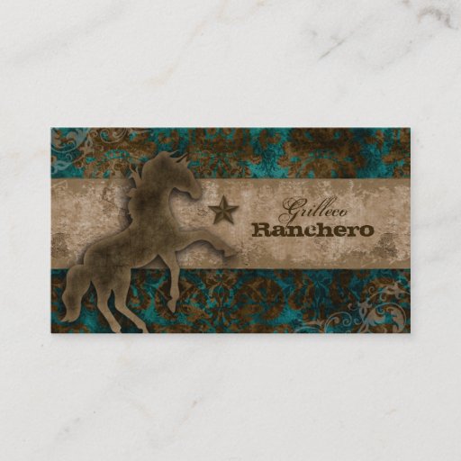 Customizable Horse Business Card Western Vintage Damask Teal