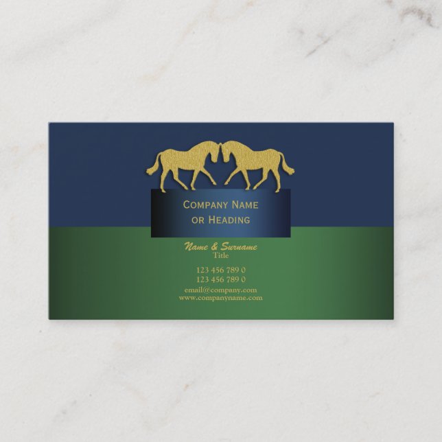 Horse business marketing blue gold green business card (Front)