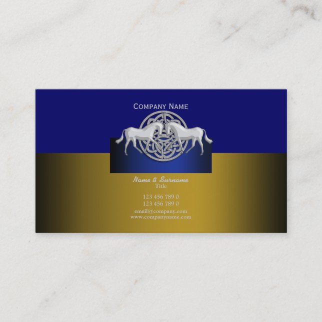 Horse business marketing gold blue white celtic business card (Front)