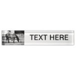 horse by fence black and white sketch desk name plate