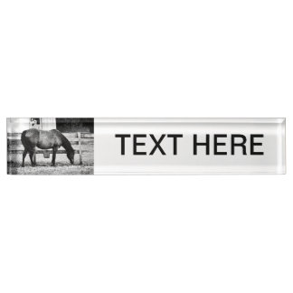 horse by fence black and white sketch desk name plate
