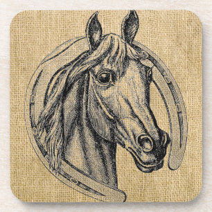 Horse Cameo on Burlap Beverage Coaster