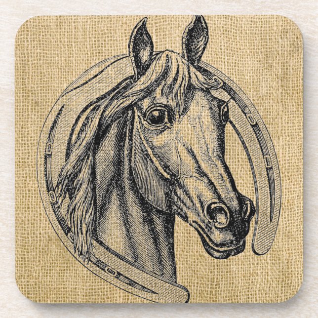 Horse Cameo on Burlap Beverage Coaster (Front)