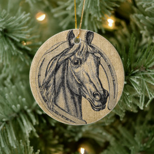 Horse Cameo on Burlap Ceramic Ornament