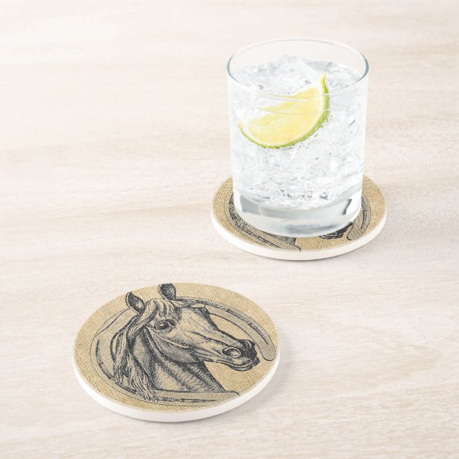 Horse Cameo on Burlap Drink Coaster (Side)