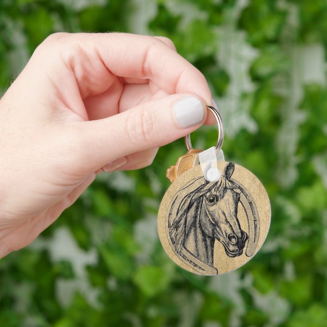 Horse Cameo on Burlap Keychain (Hand)