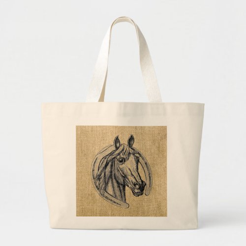 Horse Cameo on Burlap Large Tote Bag