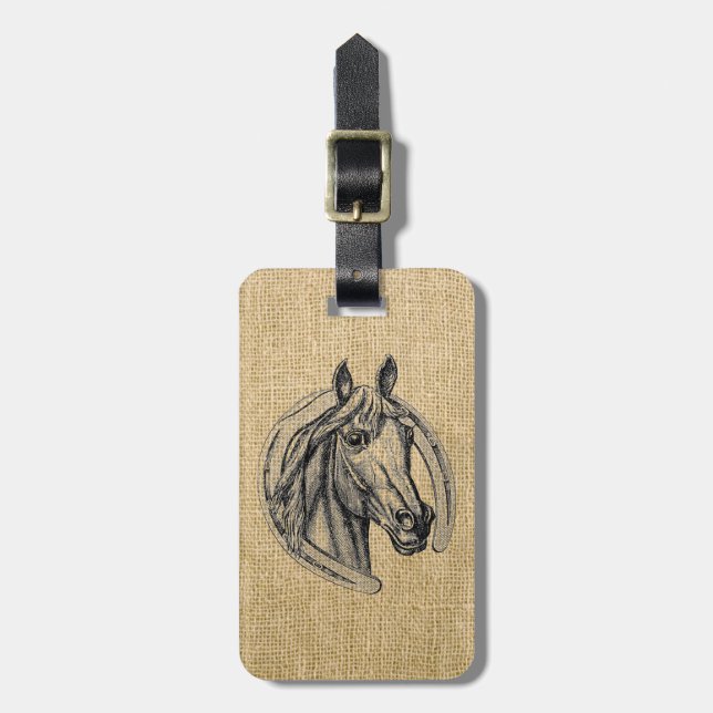 Horse Cameo on Burlap Luggage Tag (Front Vertical)