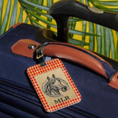 Horse Cameo on Burlap Monogram Luggage Tag
