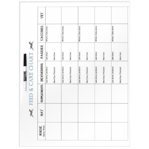 Horse care and feed chart dry erase board