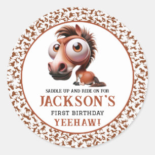Horse Caricatures 1st Birthday Party Classic Round Sticker