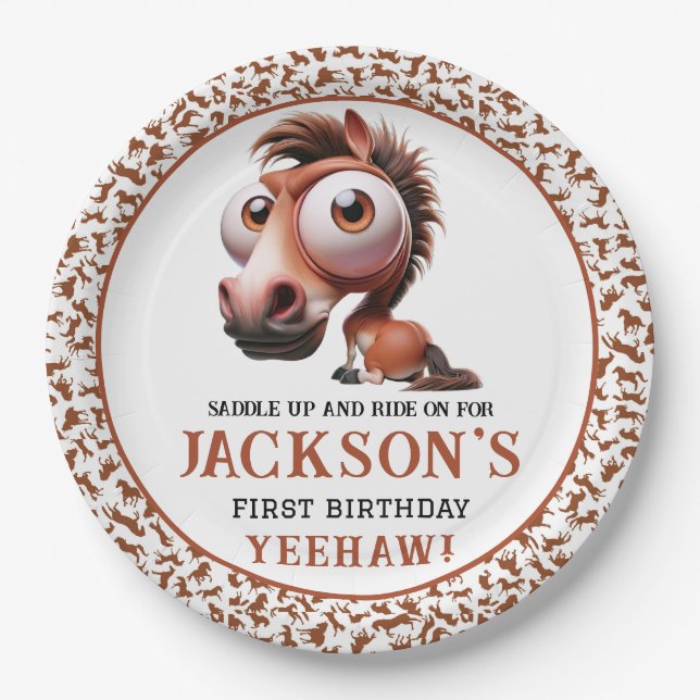 Horse Caricatures 1st Birthday Party Paper Plates (Front)