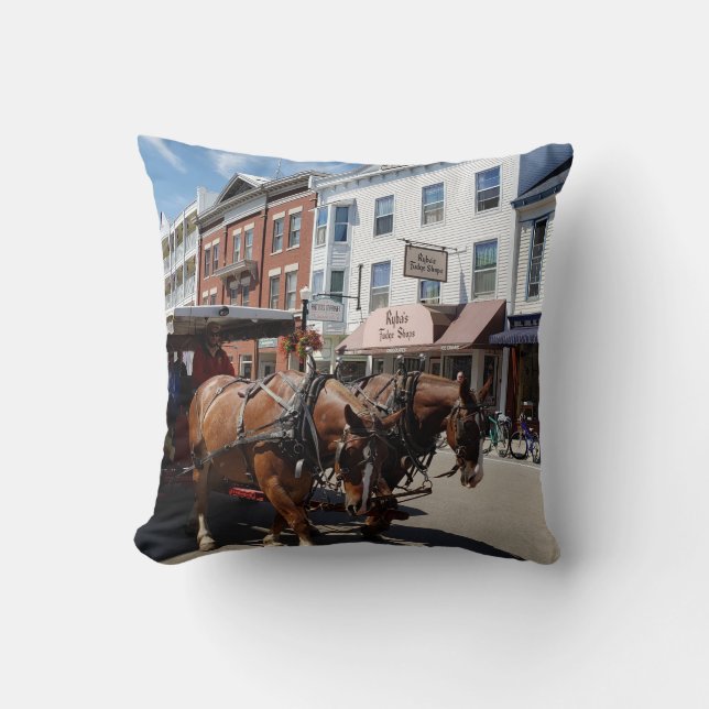 Horse & Carriage on Mackinac Island, Michigan Throw Pillow (Front)