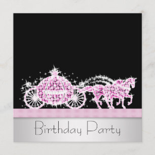 Horse Carriage Pink Black Princess Birthday Party Invitation