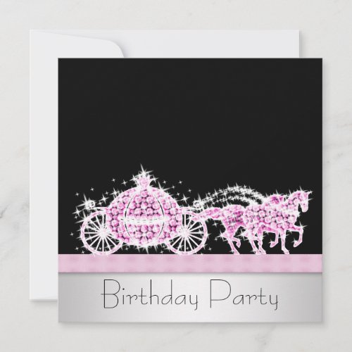 Horse Carriage Pink Black Princess Birthday Party Personalized Announcement