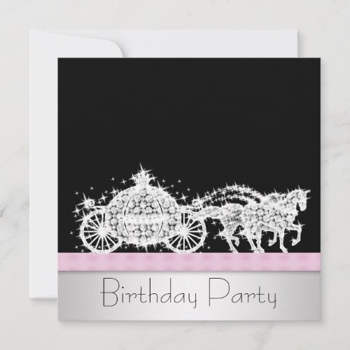 Horse Carriage Pink Black Princess Birthday Party Personalized Invite