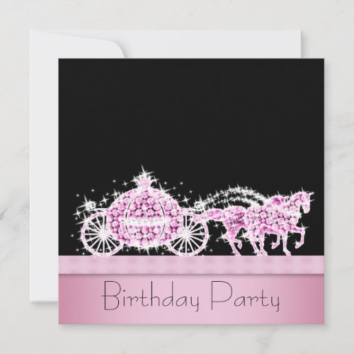 Horse Carriage Pink Black Princess Birthday Party Personalized Invite