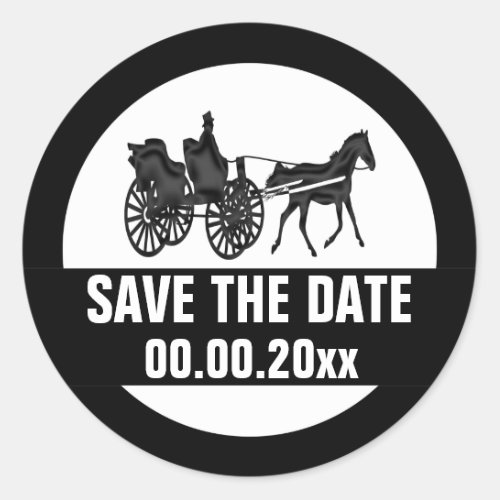 Horse carriage save the date BW Classic Round Sticker