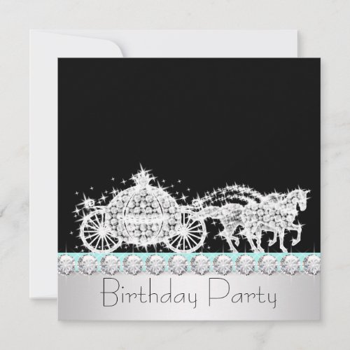Horse Carriage Teal Blue Princess Birthday Party Personalized Invites