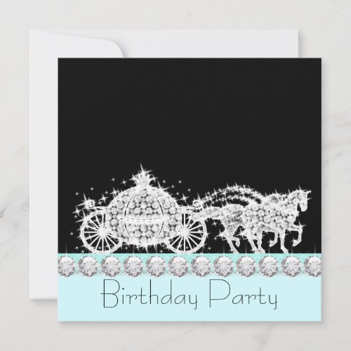 Horse Carriage Teal Blue Princess Birthday Party Personalized Announcement