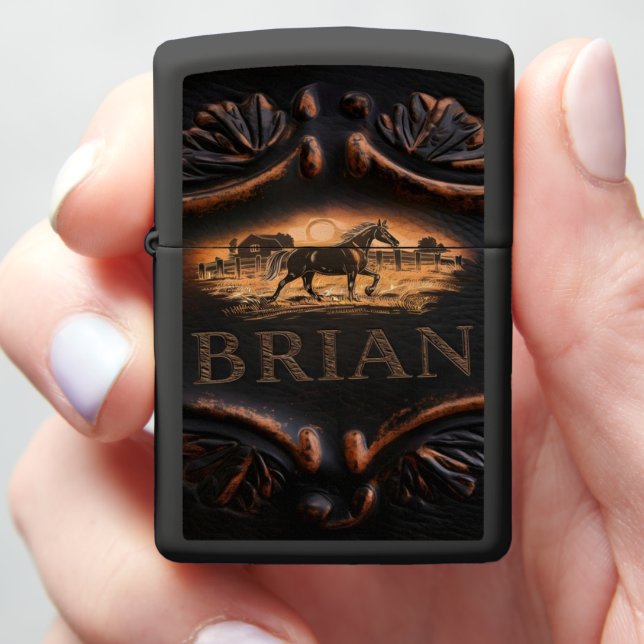 Horse Carving With Brian Name Zippo Lighter (In Hand)