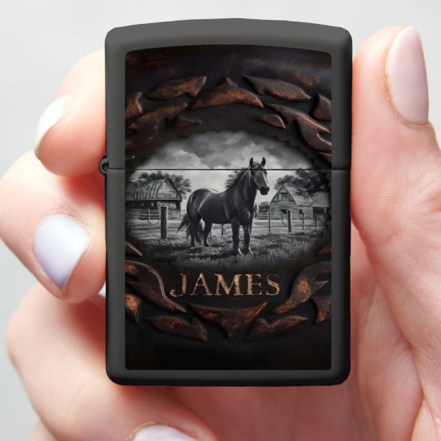 Horse Carving With Name James Zippo Lighter (In Hand)