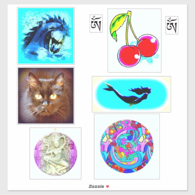 horse, cherries, om symbol, mermaid, cat, dakini sticker (Sheet)