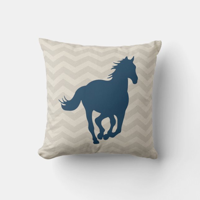 Horse Chevron Pattern Navy Blue Grey Cream Throw Pillow (Front)