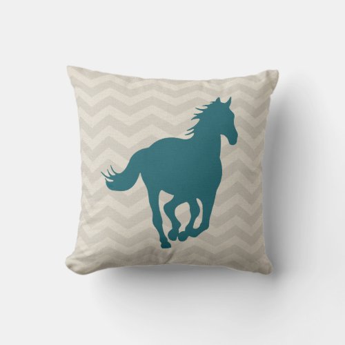 Horse Chevron Pattern Teal Green Grey Cream Throw Pillow