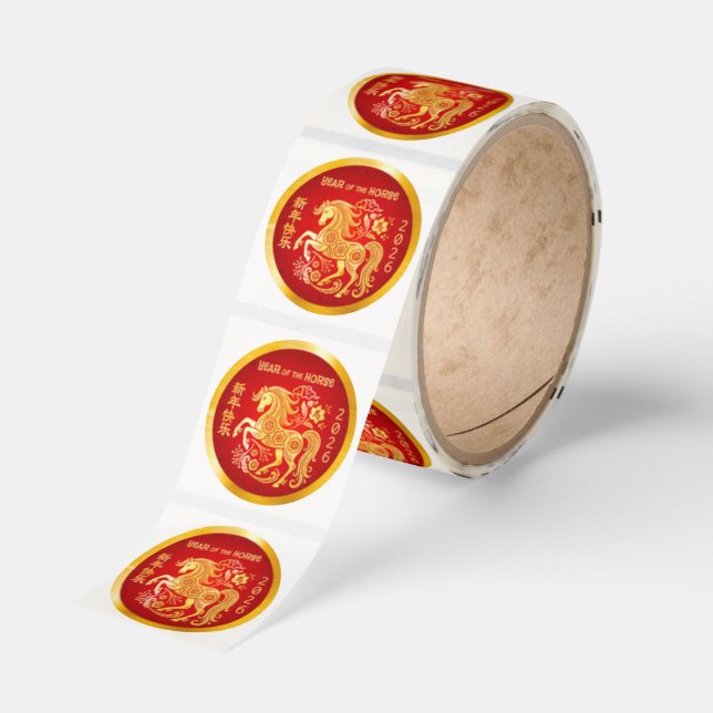 Horse Chinese New Year Gold Foil Red 2026 Roll Classic Round Sticker (Roll)