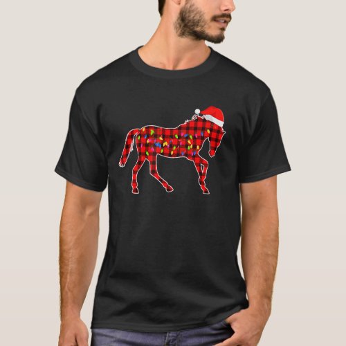 Horse Christmas Buffalo Plaid Red Xmas Lights Funn T_Shirt
